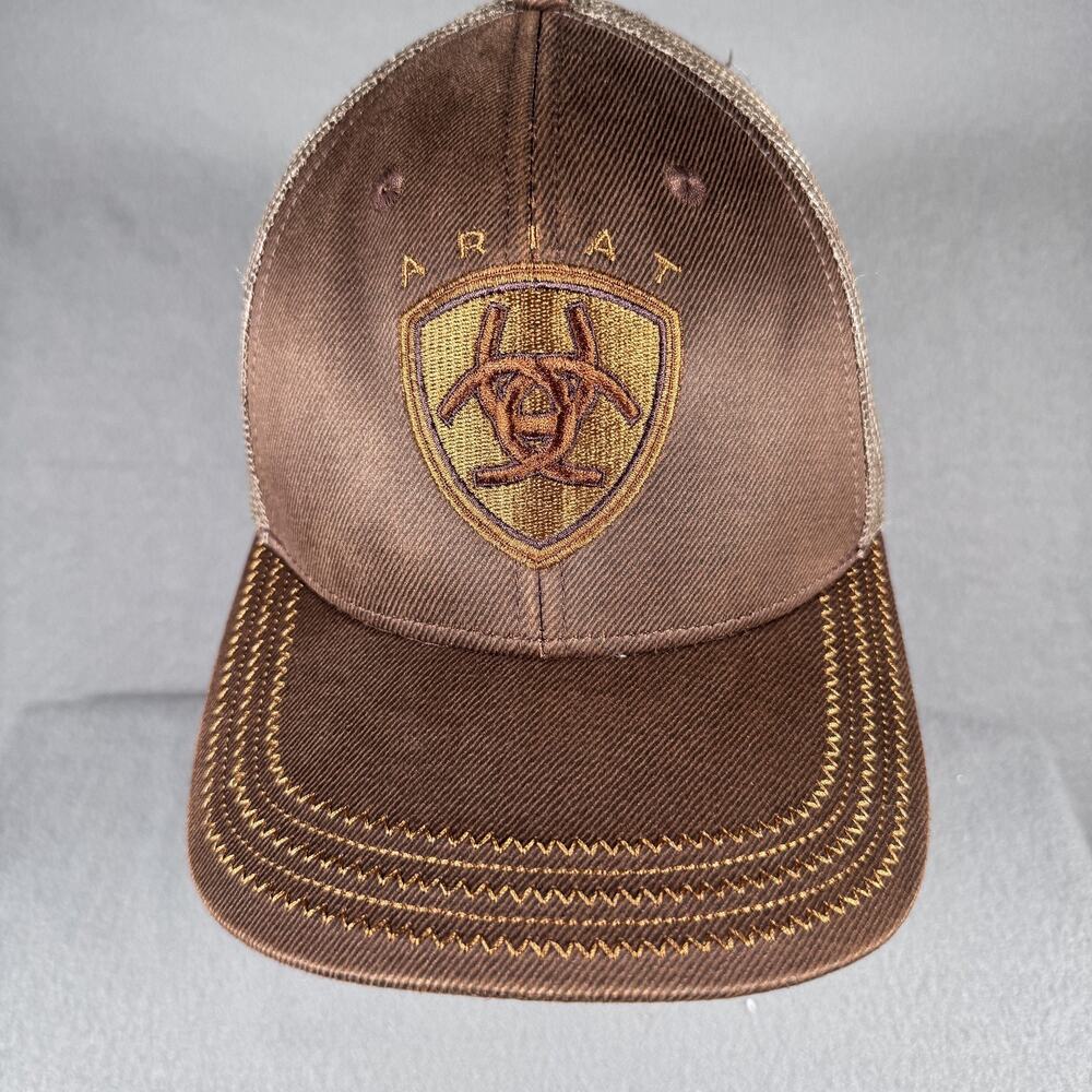 Ariat Hat Cap Strap Back Mens One Size Brown Tan Mesh Trucker Embroidered Shield - Picture 2 of 11